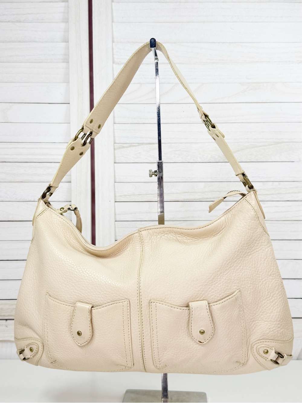 Cole Haan Front Pocket Pebble Leather Satchel Shoulder Bag Bone Ivory Cream